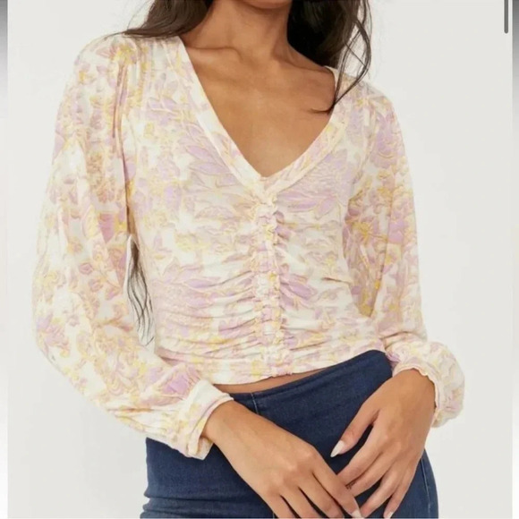 Free People Womens Say The Word Crop Top Floral Long Sleeve Ruched SZ S - Picture 1 of 10
